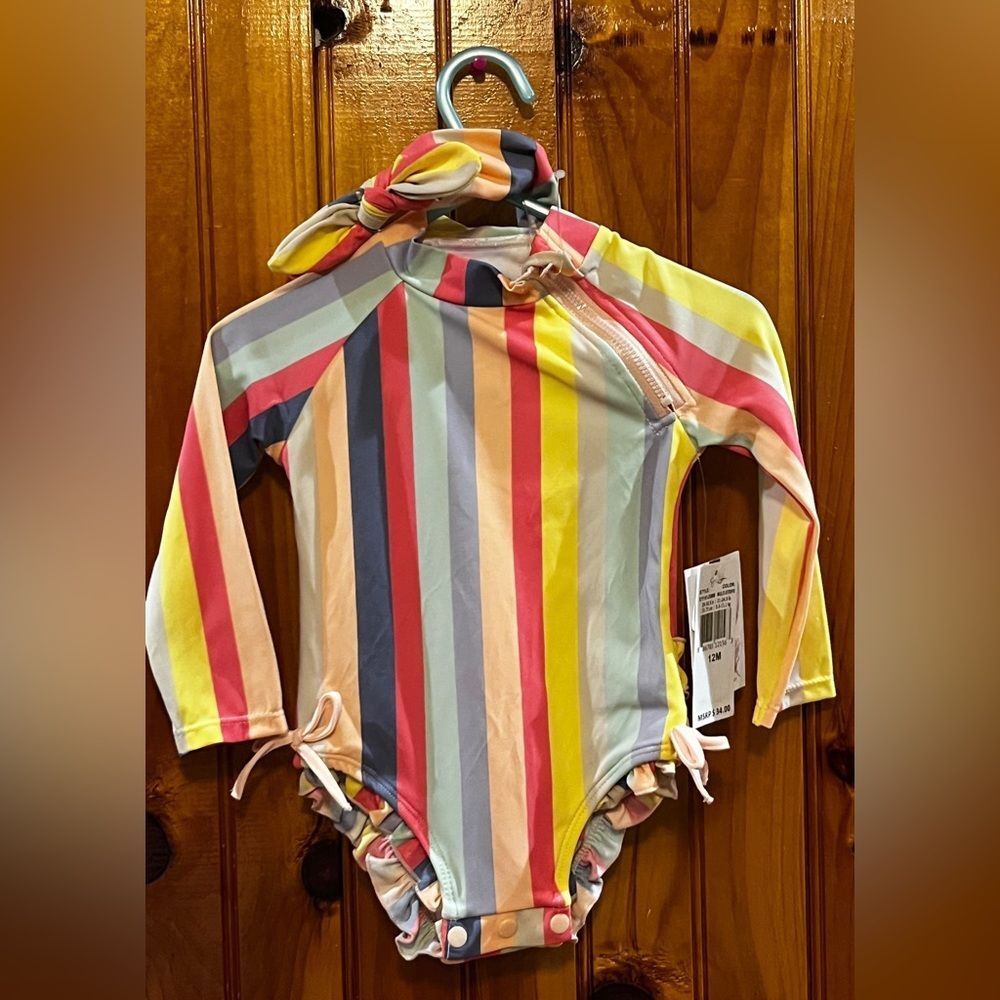 Jessica Simpson Striped one piece baby swimsuit matching bow  Size 12 M NWT